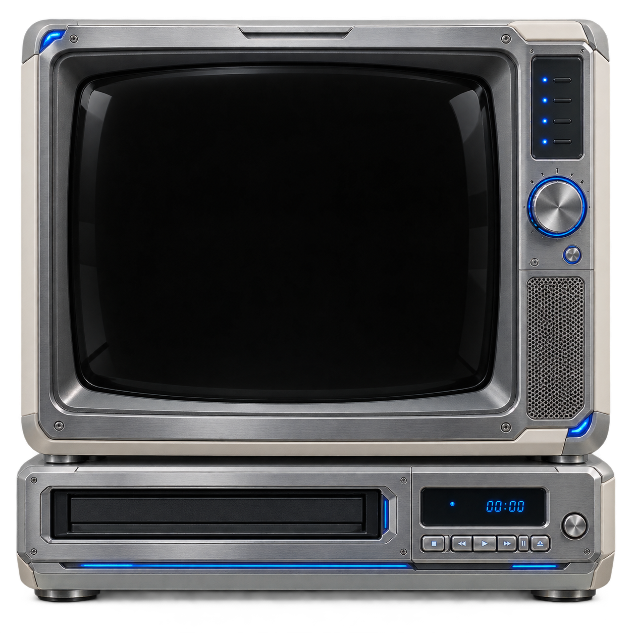Silver CRT television and VHS player